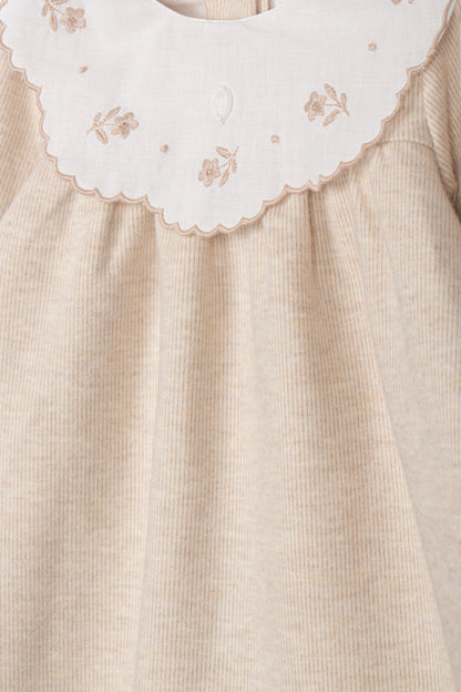 Elegant Beige Dress with Embroidered Collar