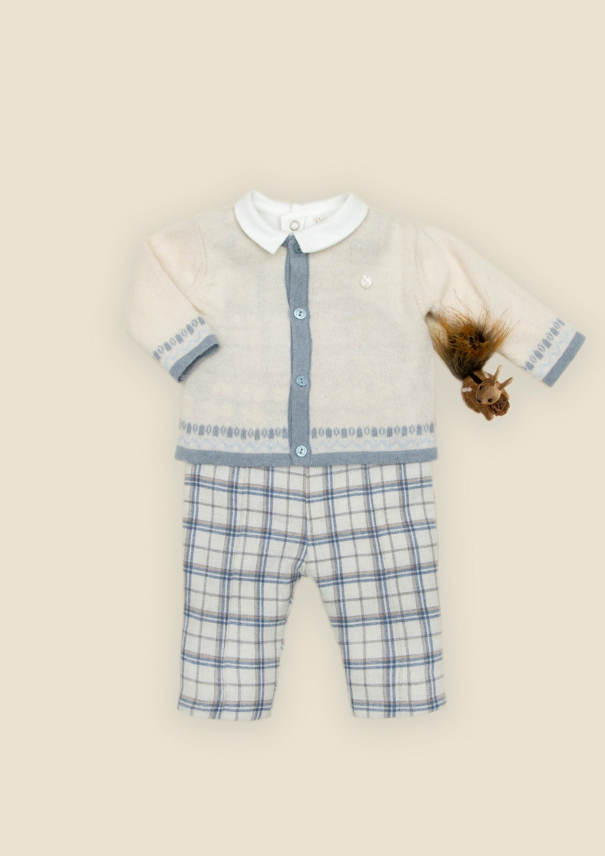 Ecru Cardigan with Checkered Pants Set