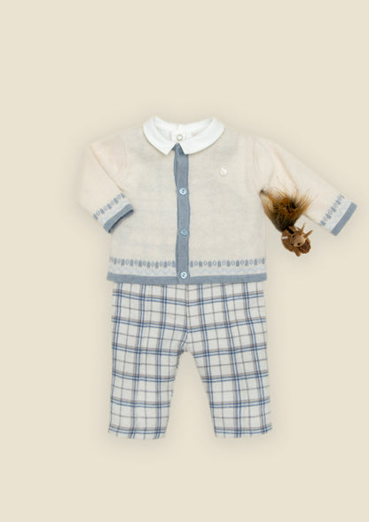 Ecru Cardigan with Checkered Pants Set