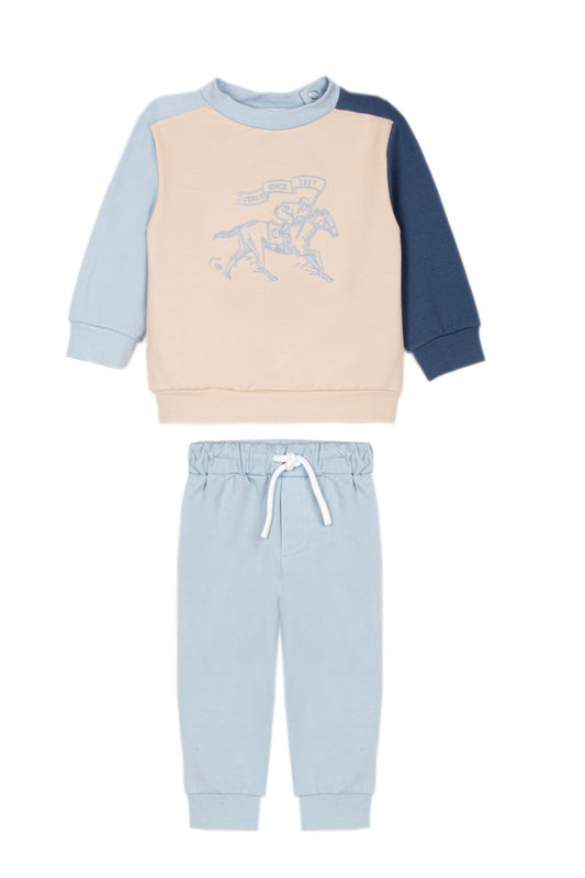 Light Blue Color Block Sweat Set with Horse