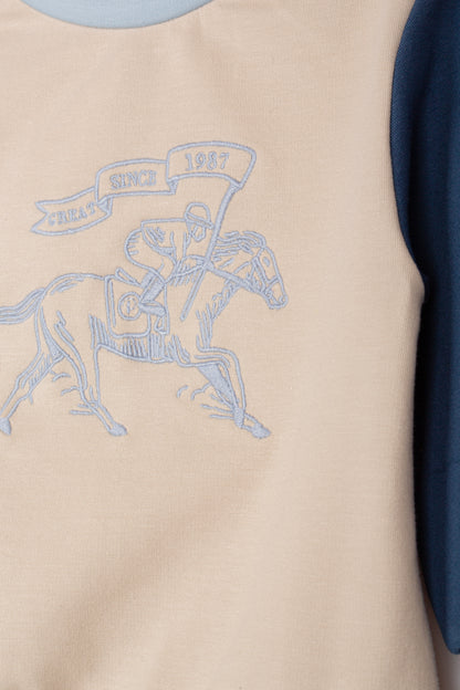 Light Blue Color Block Sweat Set with Horse