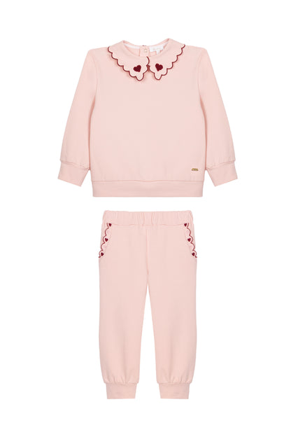 Pink Sweater Set with Contrasting Scallop Embroidery