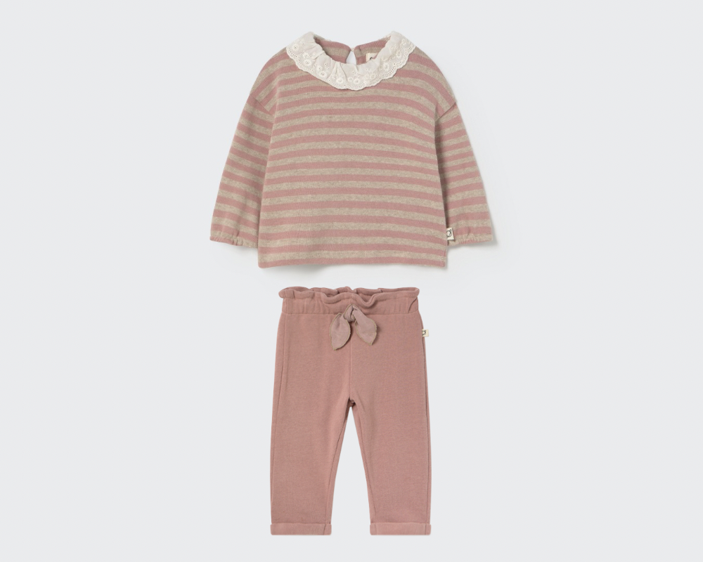 Soft Brushed Baby Striped Sweater and Bow Pants Set - Silver Pink