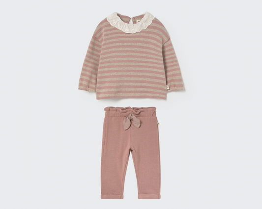 Soft Brushed Baby Striped Sweater and Bow Pants Set - Silver Pink