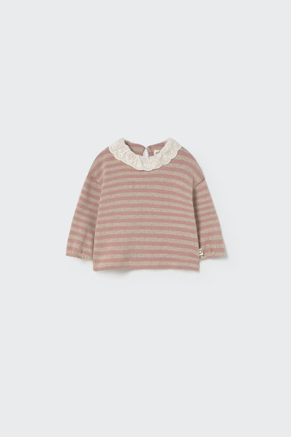 Soft Brushed Baby Striped Sweater and Bow Pants Set - Silver Pink