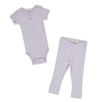 Short Sleeve Ribbed Henley Body Set - Light Blue