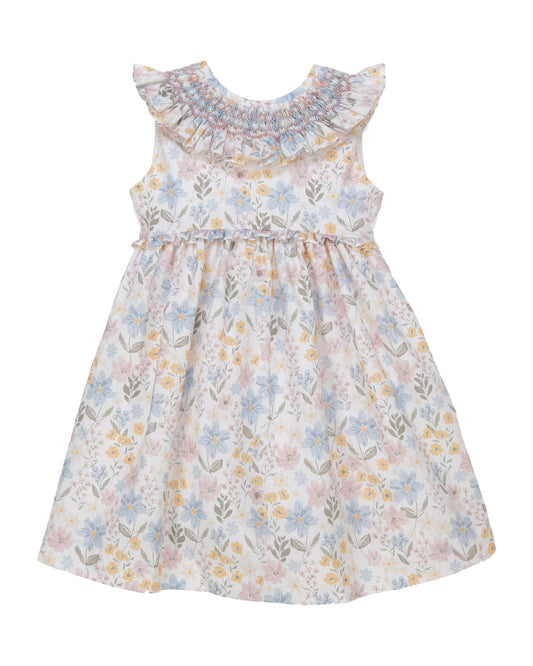 Pastel floral toddler dress with smocked neckline and tulle bow cotton summer dress