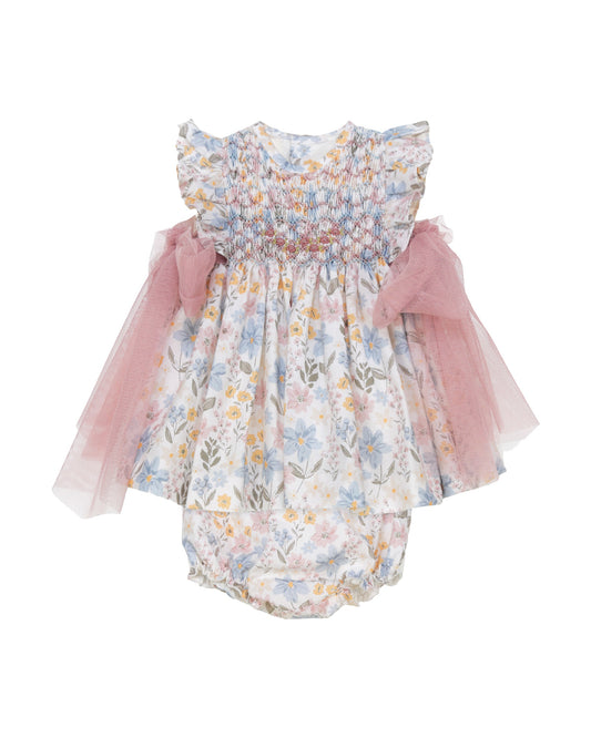 Pastel floral baby girl outfit with tulle bows and smocked top cotton two piece set