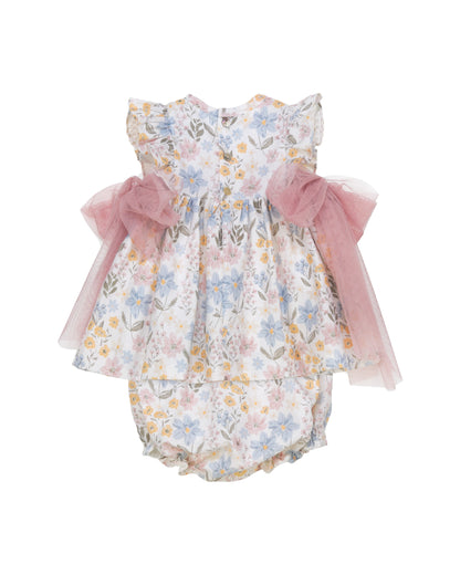 Back view of floral smocked baby set with tulle bow detail and matching bloomers