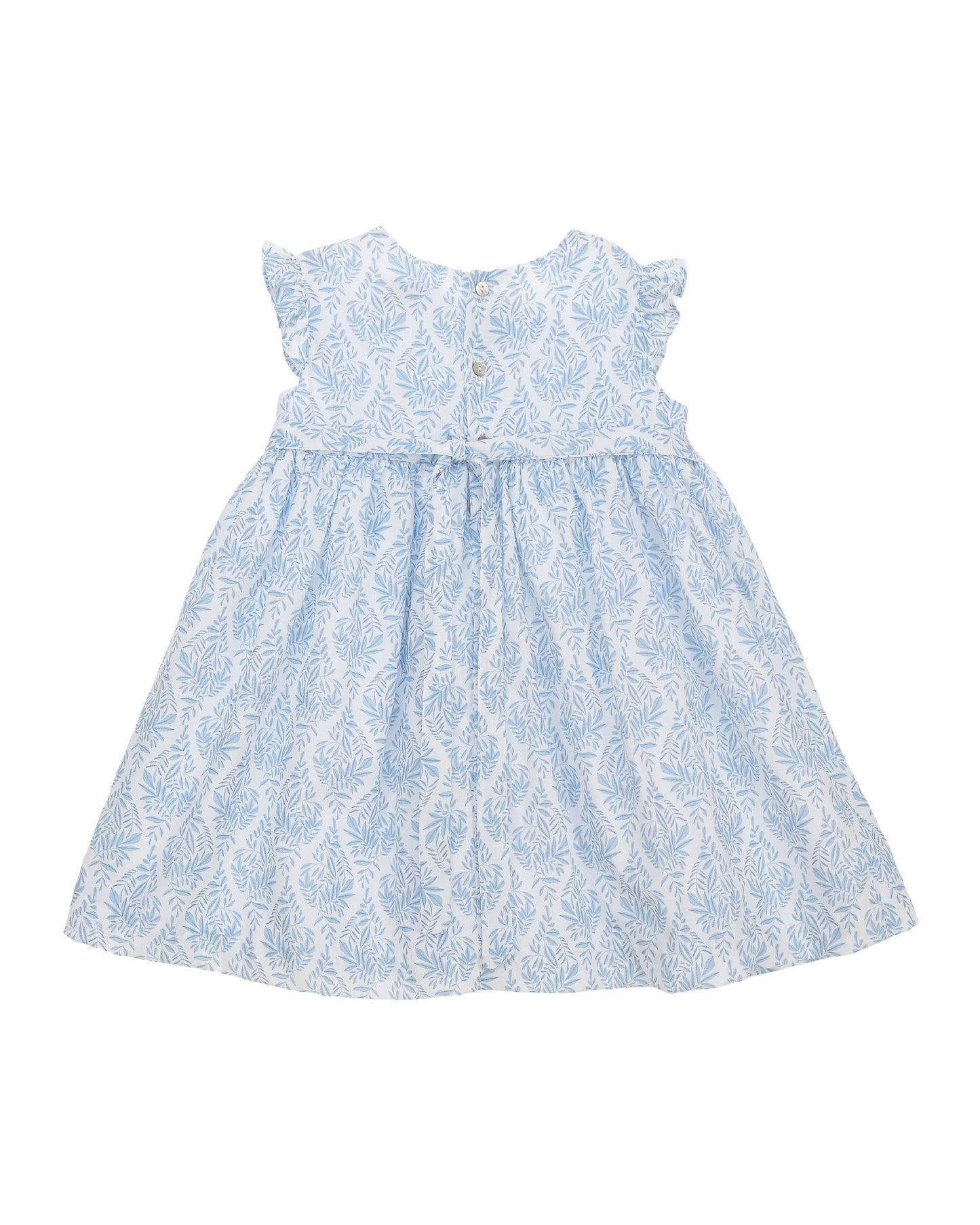 Back view of blue leaf print smocked dress for girls with gathered skirt