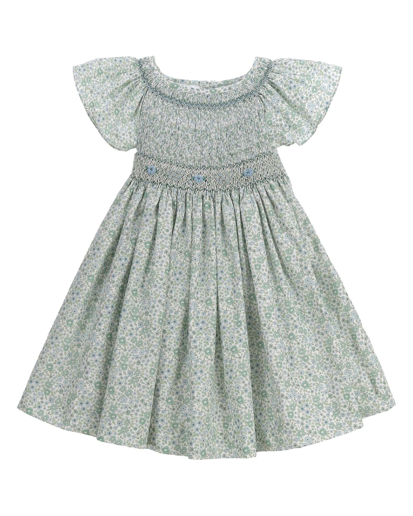 Sage floral girls dress with hand smocking and bow detail cotton summer dress
