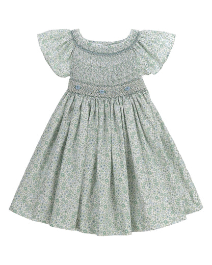Sage floral girls dress with hand smocking and bow detail cotton summer dress