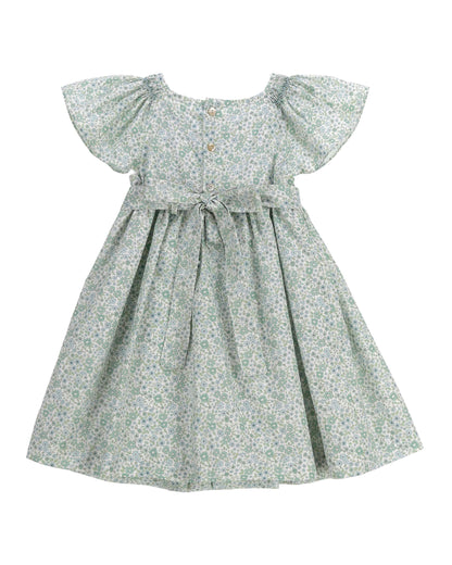 Back view of sage floral smocked dress for toddler with flutter sleeves and gathered skirt