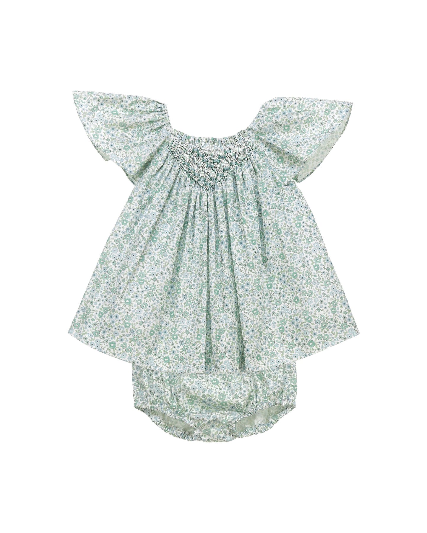 Sage floral baby girl outfit with hand smocking bow detail and matching bloomers