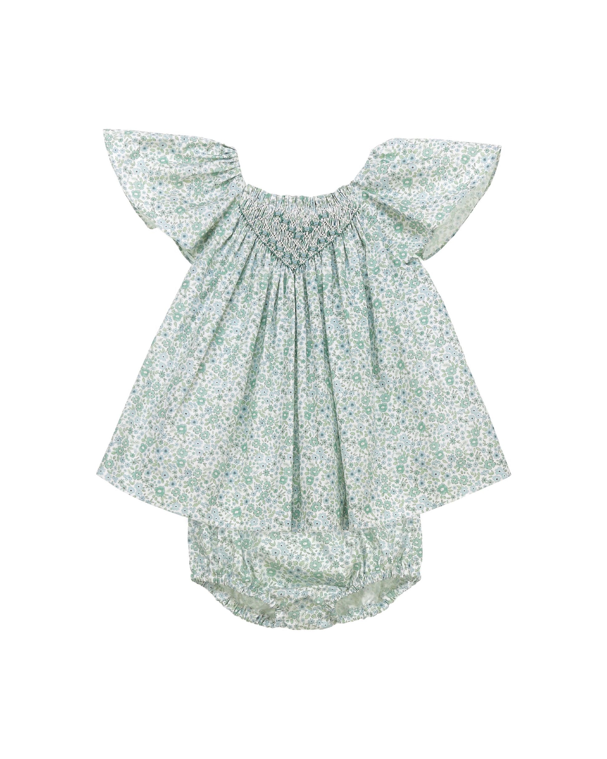 Sage floral baby girl outfit with hand smocking bow detail and matching bloomers