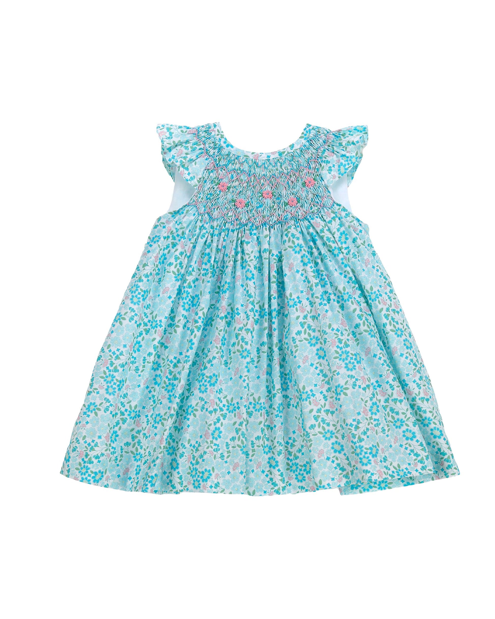 Aqua floral girls dress with hand smocking bow detail and ruffle neckline cotton summer dress