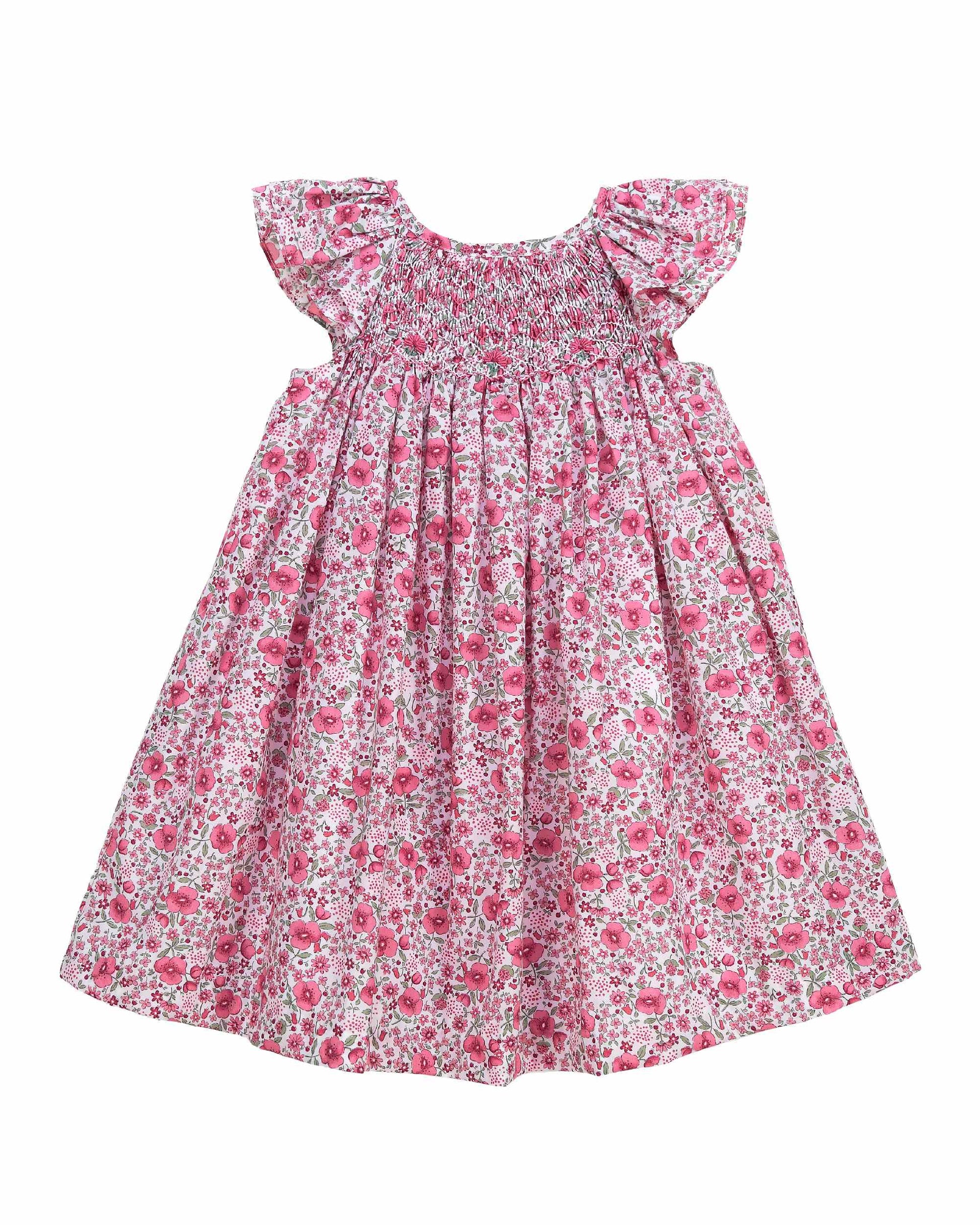 Pink floral girls dress with ruffle collar and flutter sleeves cotton summer dress