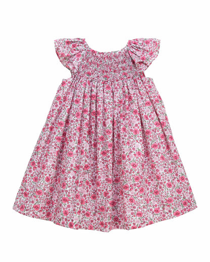 Pink floral girls dress with ruffle collar and flutter sleeves cotton summer dress