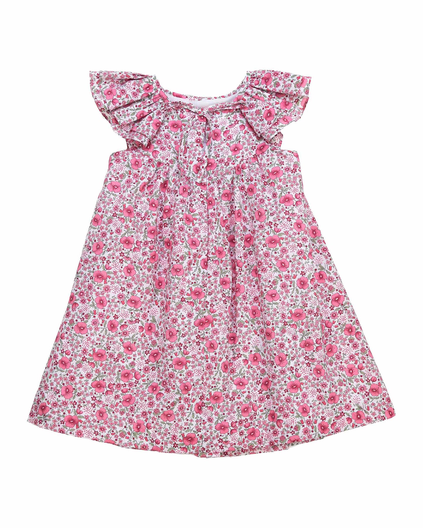 Back view of pink floral toddler dress with smocked neckline and ruffle sleeves