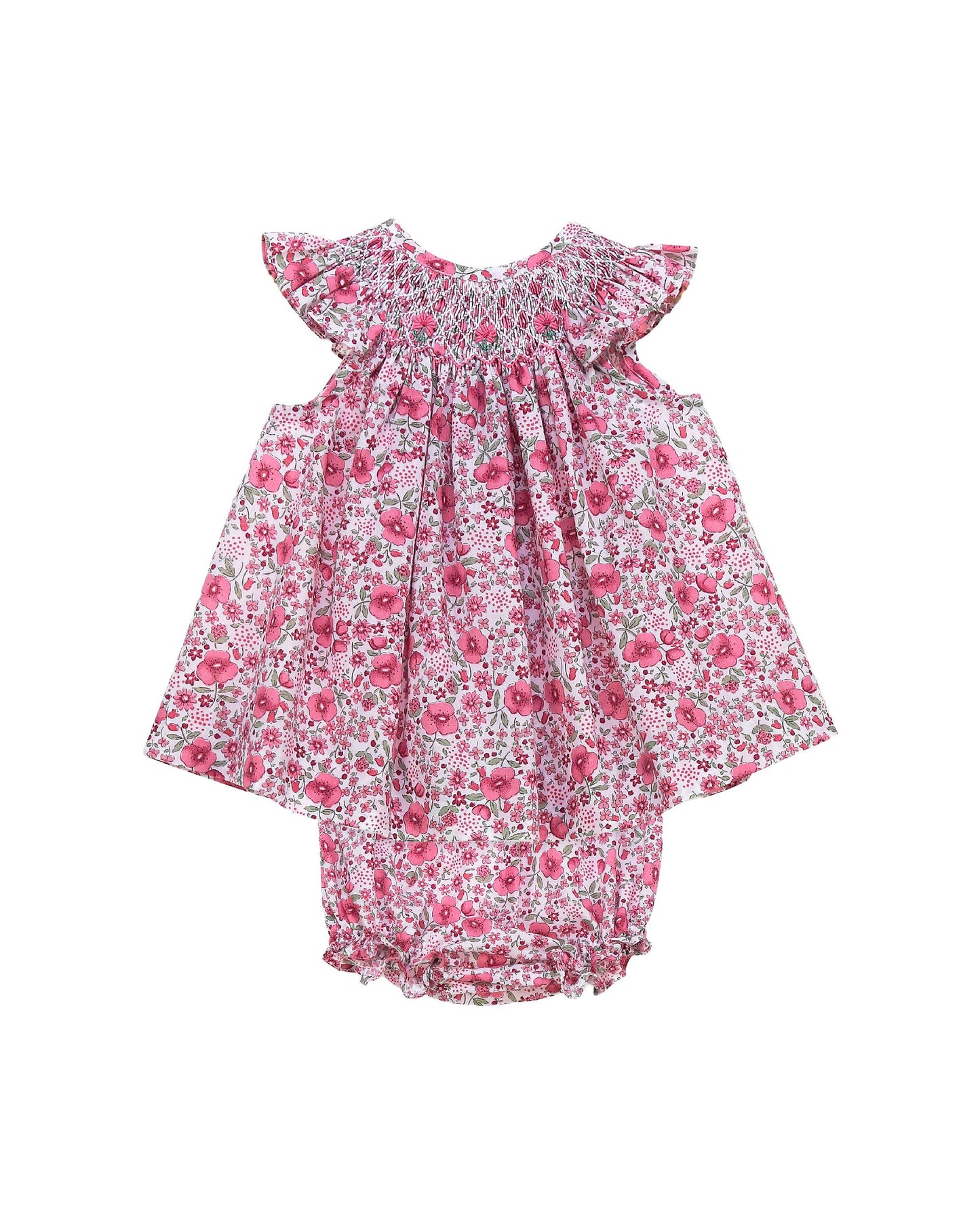 Pink floral baby girl outfit with hand smocked neckline and matching bloomers cotton set