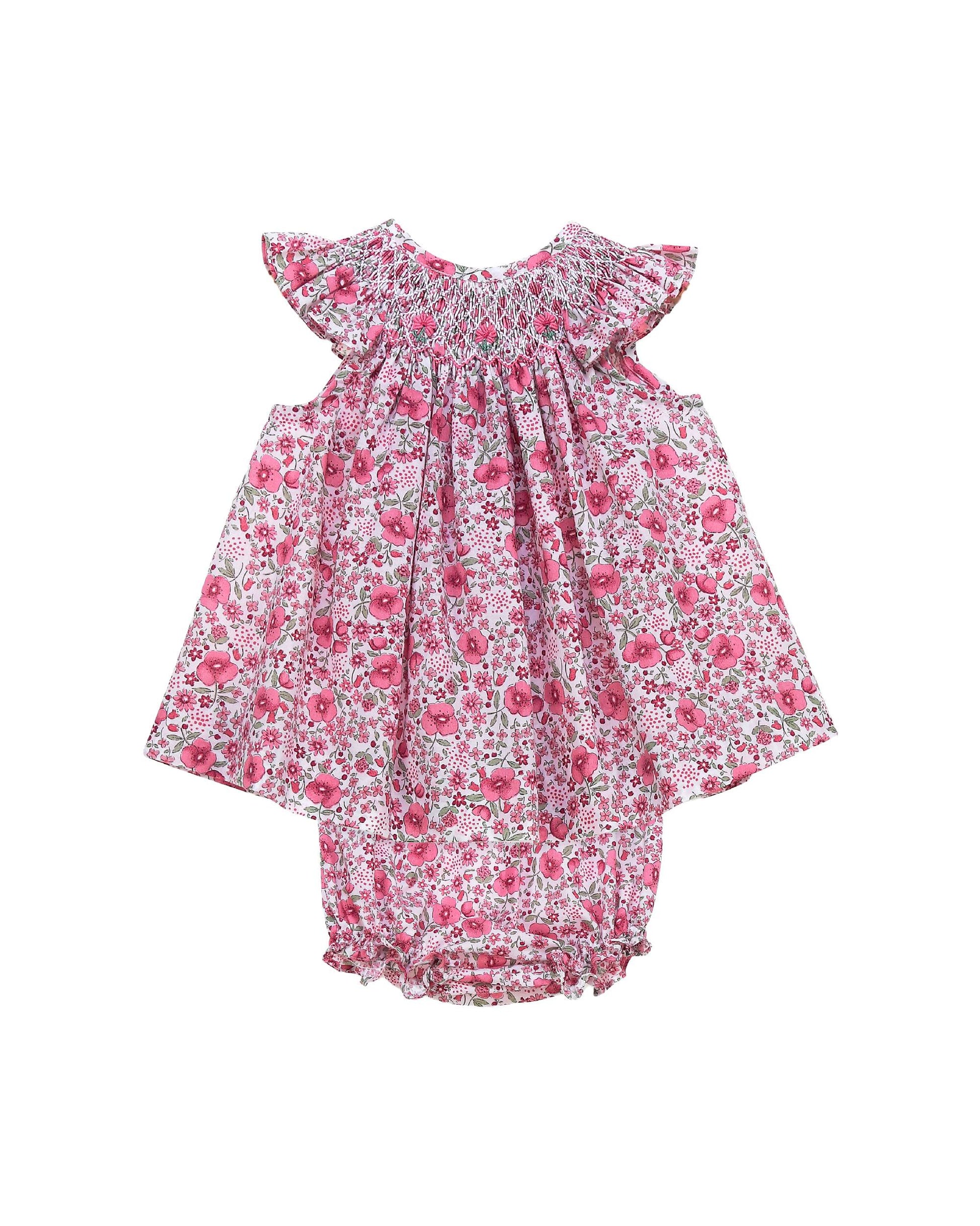 Pink floral baby girl outfit with hand smocked neckline and matching bloomers cotton set