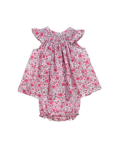 Pink floral baby girl outfit with hand smocked neckline and matching bloomers cotton set