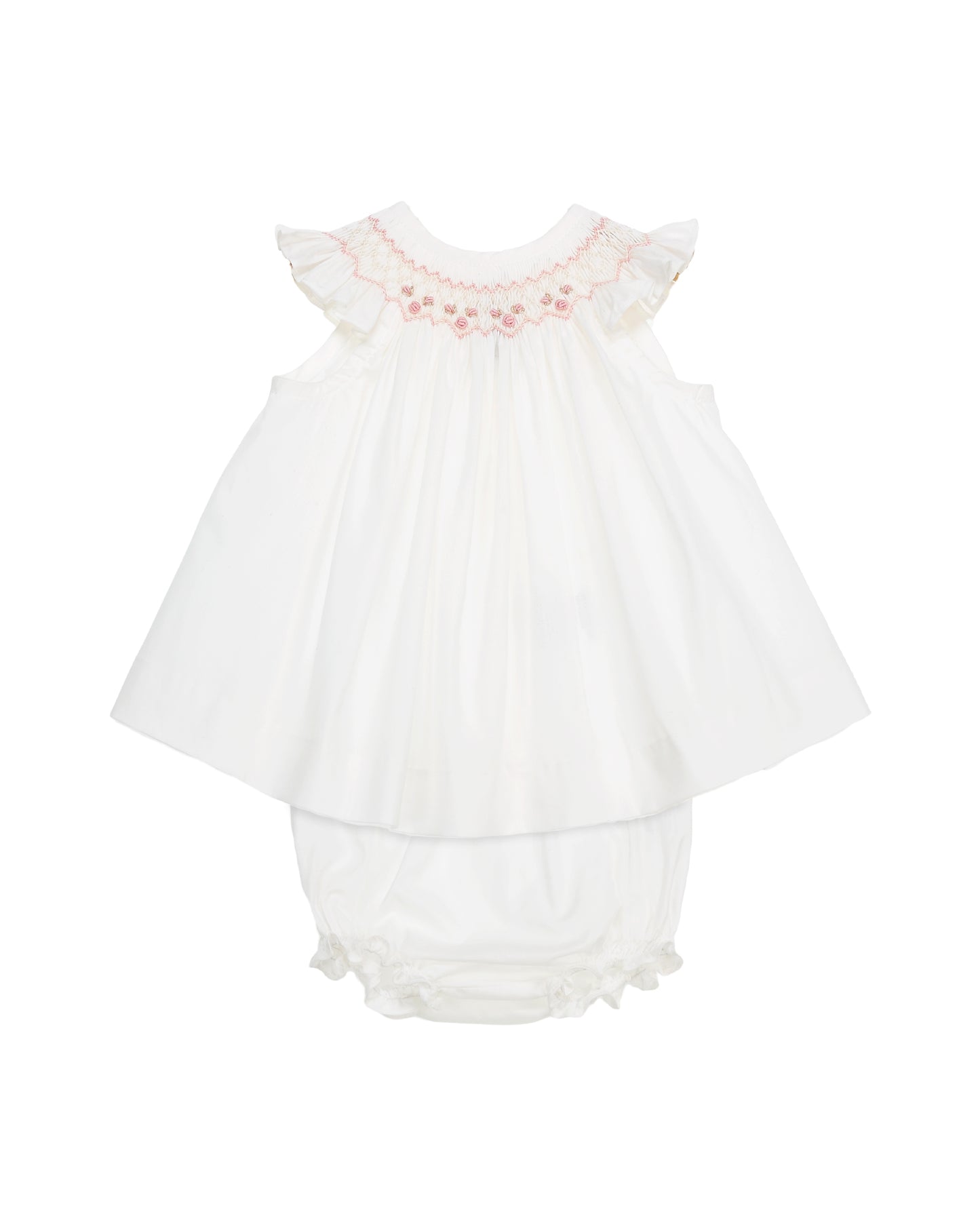 Ivory hand-smocked baby dress with pink embroidery and bloomers”