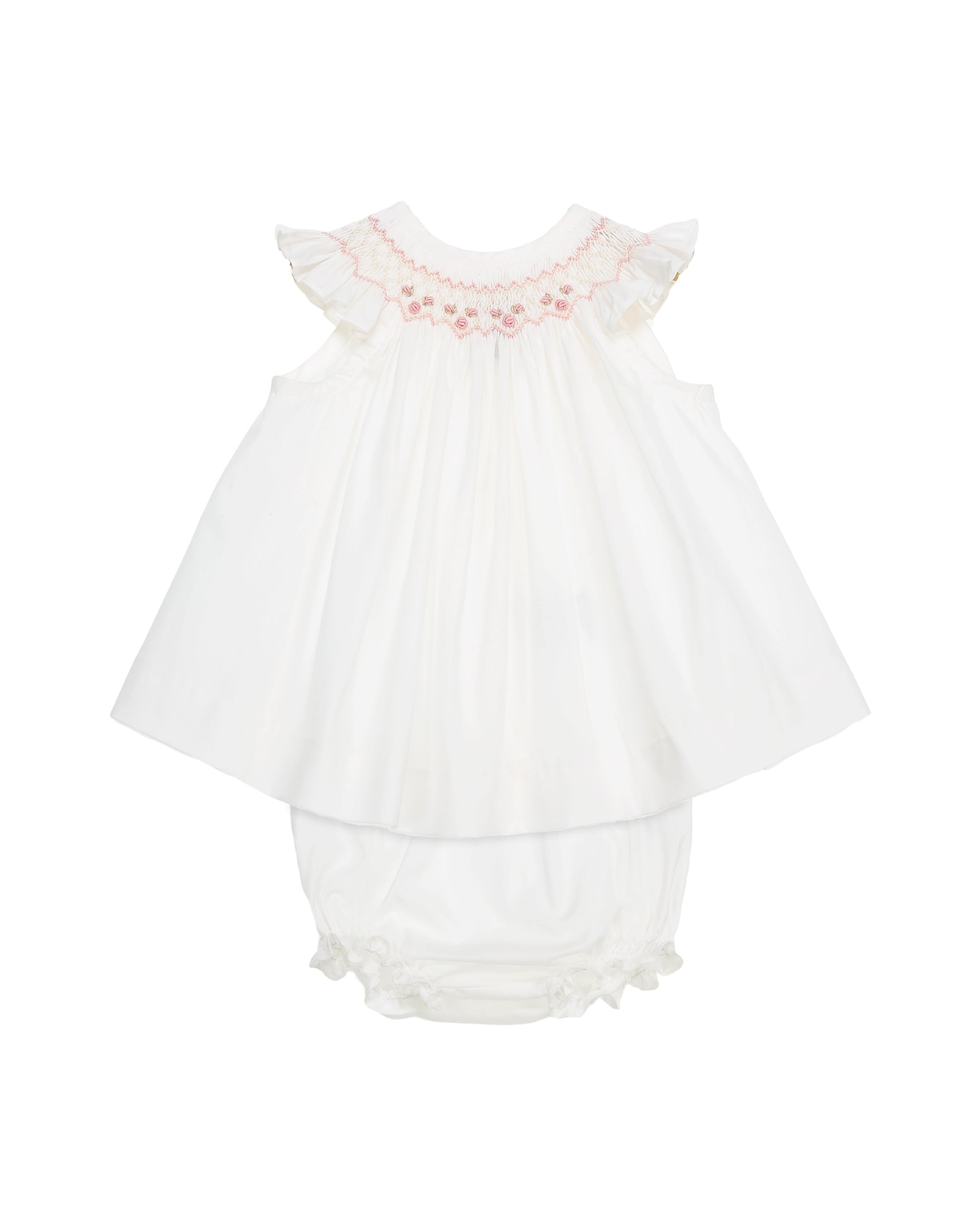 Ivory hand-smocked baby dress with pink embroidery and bloomers”