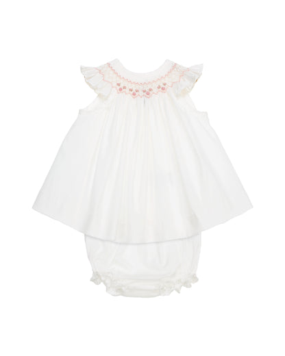 Ivory hand-smocked baby dress with pink embroidery and bloomers”