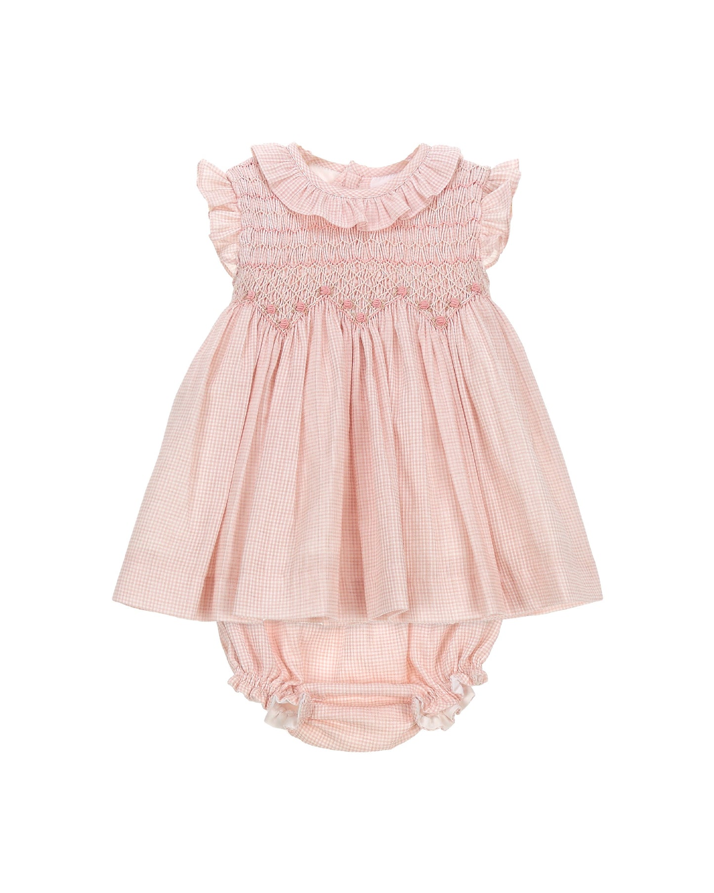 Blush gingham baby girl dress set with hand smocking bow detail and matching bloomers