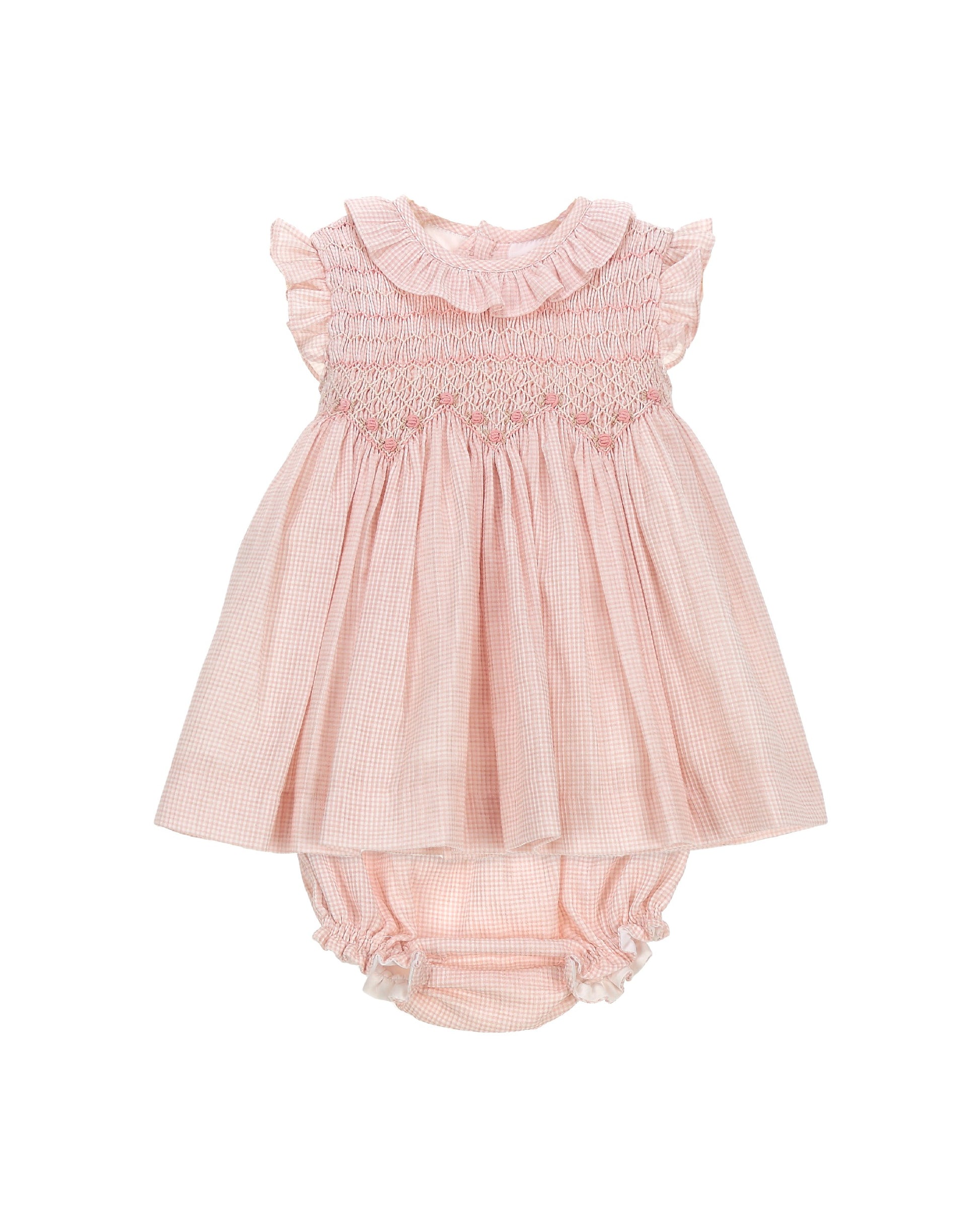 Blush gingham baby girl dress set with hand smocking bow detail and matching bloomers
