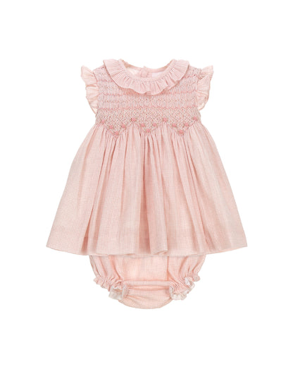 Blush gingham baby girl dress set with hand smocking bow detail and matching bloomers
