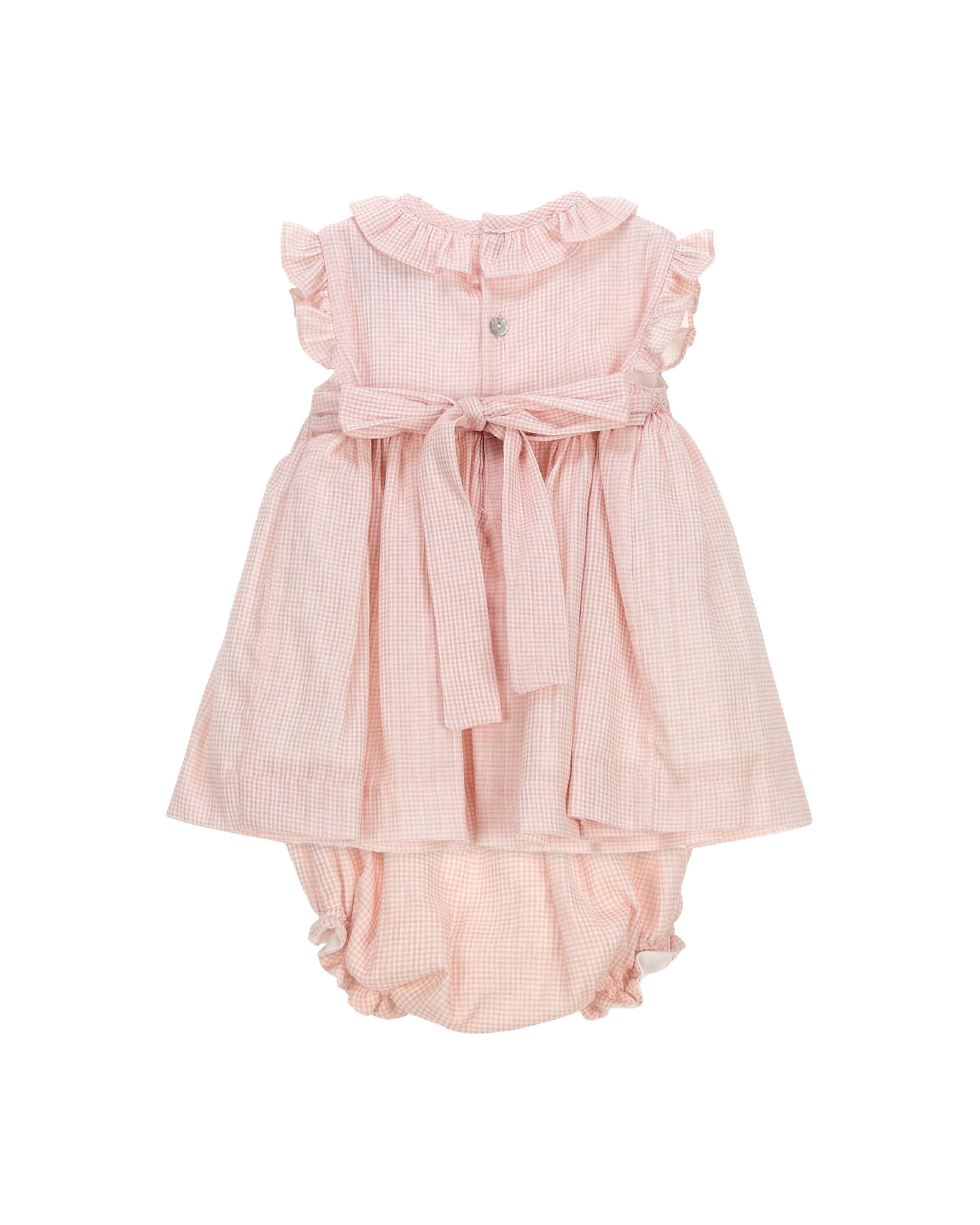 baby girl pink gingham smocked dress set with bloomers

heirloom baby clothing blush gingham smocked outfit

special occasion baby girl outfit pink cotton dress set