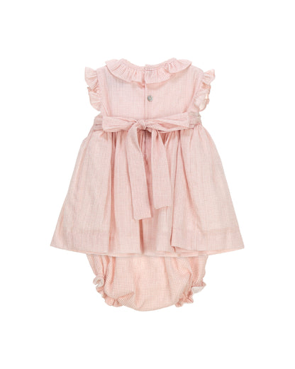 baby girl pink gingham smocked dress set with bloomers

heirloom baby clothing blush gingham smocked outfit

special occasion baby girl outfit pink cotton dress set