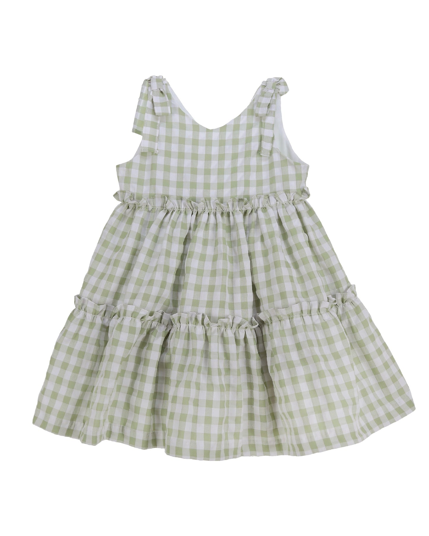 Sage green gingham baby girl dress with tiered ruffle skirt and tie shoulder straps