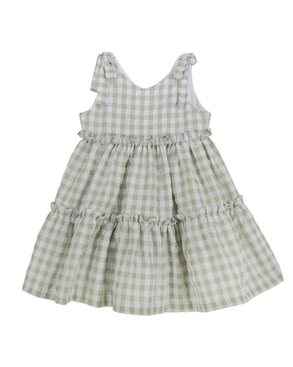Sage green gingham baby girl dress with tiered ruffle skirt and tie shoulder straps