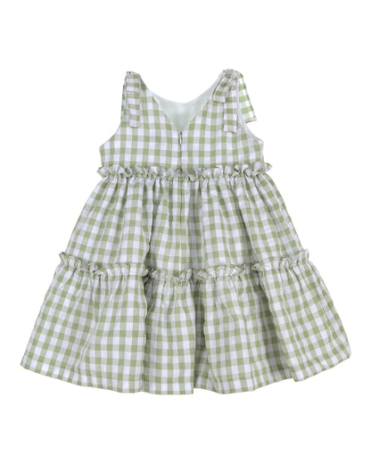 Back view of green and white gingham toddler dress with tiered layers and bow straps