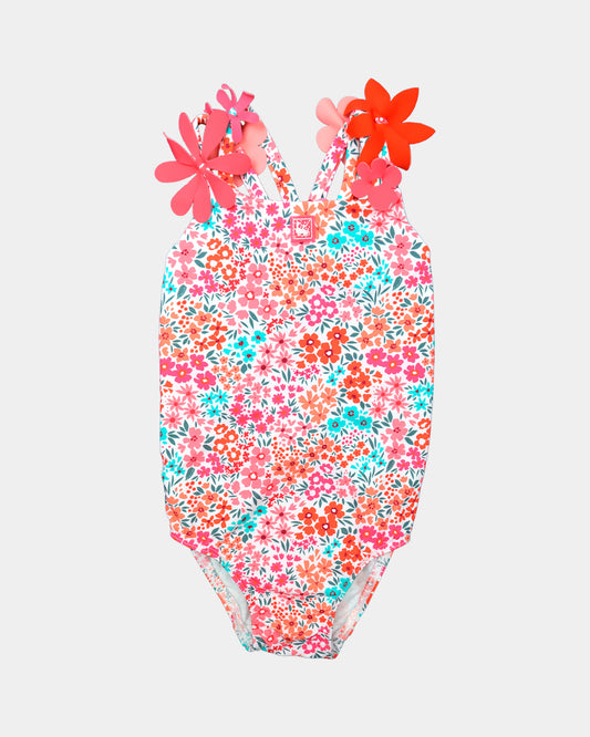 Al Agua Patos girls floral one-piece swimsuit with colorful flower print and 3D flower shoulder straps.