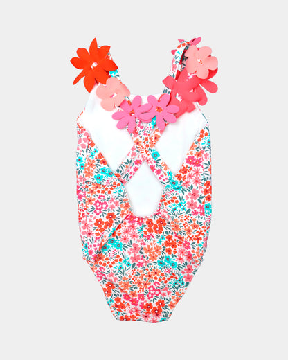 Back view of Al Agua Patos girls floral swimsuit featuring crisscross straps and decorative 3D flowers.
