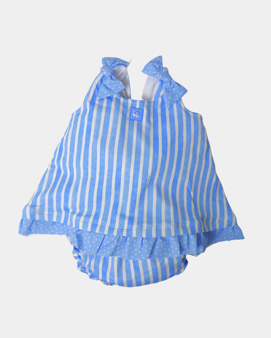 Al Agua Patos baby girls blue and white striped dress with bow detail and matching bloomers.