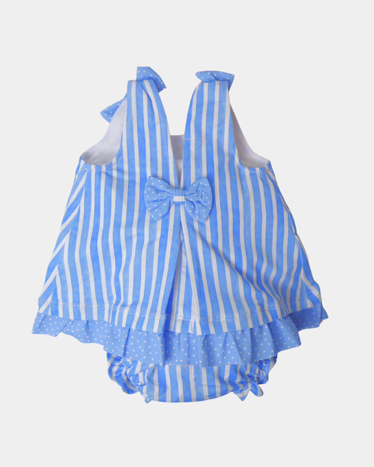 Back view of Al Agua Patos baby blue striped dress featuring polka dot bow shoulder ties and ruffle hem with matching bloomers.