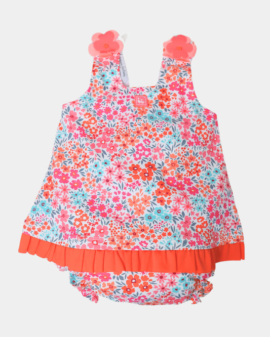 Al Agua Patos baby girls floral bathingsuit and bloomers set with coral bow and ruffle hem