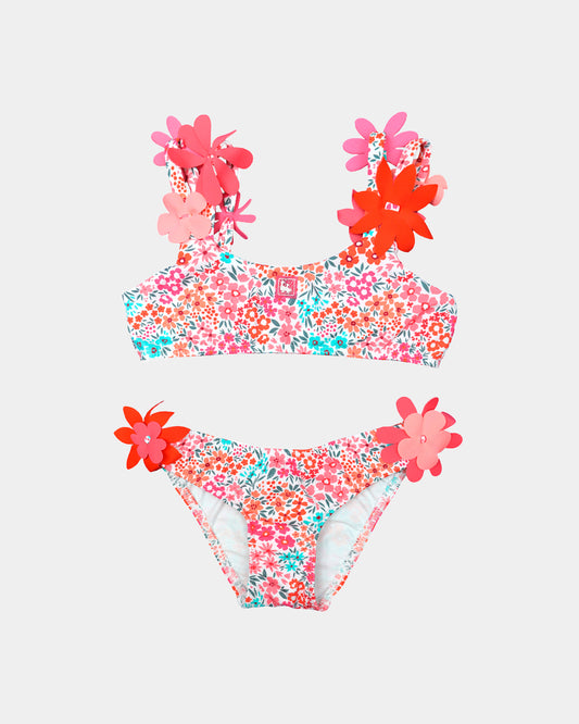 Al Agua Patos girls floral bikini with multicolor flower print and 3D flower appliqués.