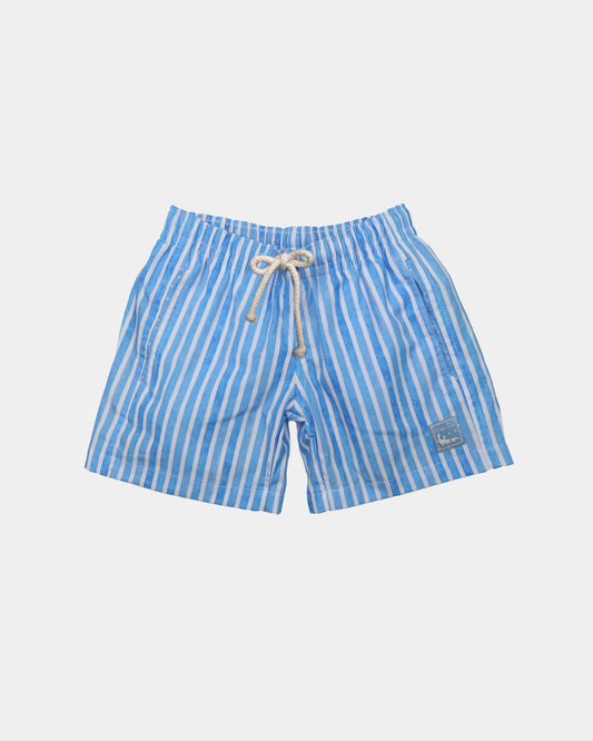Al Agua Patos boys blue and white striped swim trunks with drawstring waist.