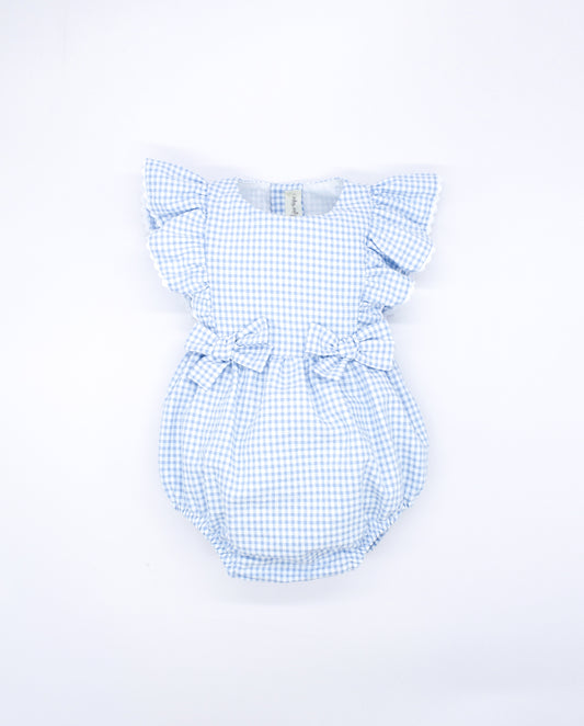 Blue Gingham Ruffle Bow Romper