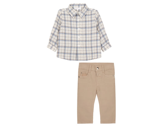 Blue Beige Flannel Pants Set
