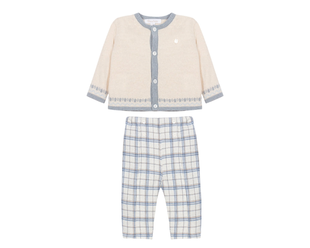 Ecru Cardigan with Checkered Pants Set
