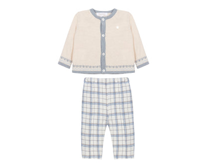 Ecru Cardigan with Checkered Pants Set