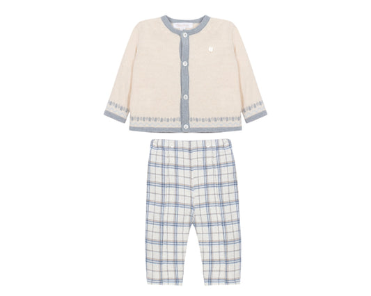 Ecru Cardigan with Checkered Pants Set