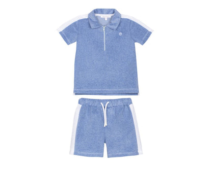 Baby boys blue terry cloth polo shirt and matching shorts set with half-zip collar and white side panels.